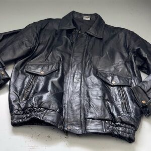 Men's Black Leather Bomber Biker Jacket Coat with Front Pockets Size X-Large